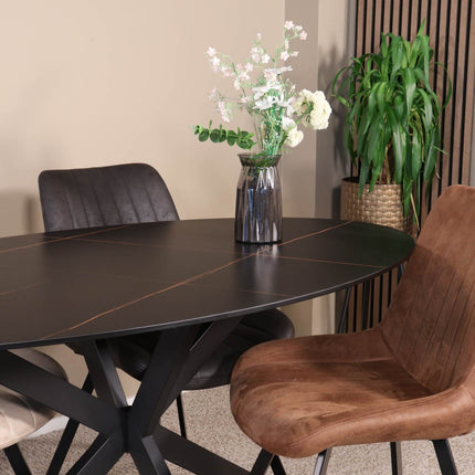 Eettafel marmerlook Figo ovaal 160cm zwart steen