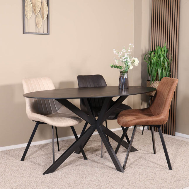 Eettafel marmerlook Figo ovaal 160cm zwart steen