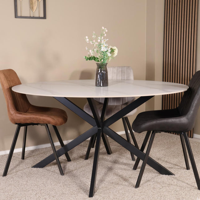 Eettafel marmerlook Jenna rond 150cm wit steen