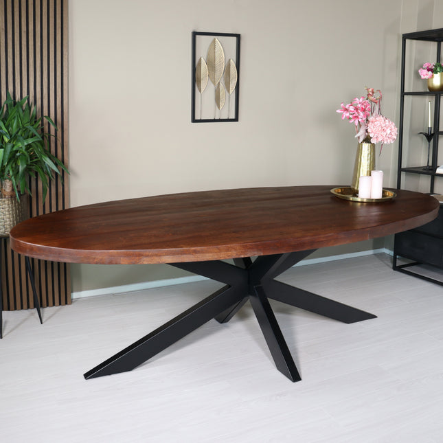 Eettafel ovaal mangohout 240cm James bruin ovale industriële tafel duurzaam mango eetkamertafel