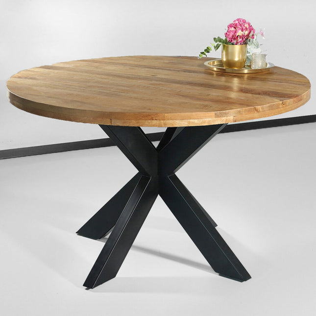 Eettafel rond mangohout 120cm Jones lichtbruin ronde industriële tafel duurzaam mango eetkamertafel