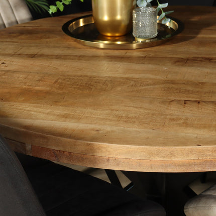 Eettafel rond mangohout 120cm Jones lichtbruin ronde industriële tafel duurzaam mango eetkamertafel