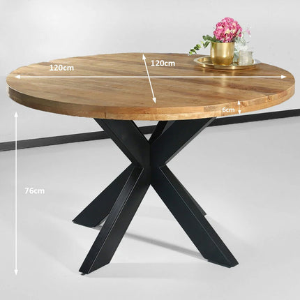 Eettafel rond mangohout 120cm Jones lichtbruin ronde industriële tafel duurzaam mango eetkamertafel