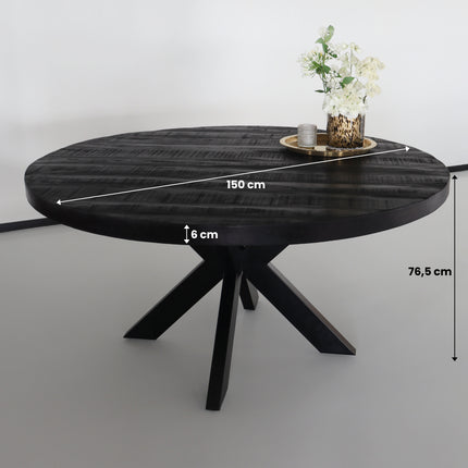 Eettafel rond mangohout 150cm Jones zwart ronde industriële tafel duurzaam mango eetkamertafel