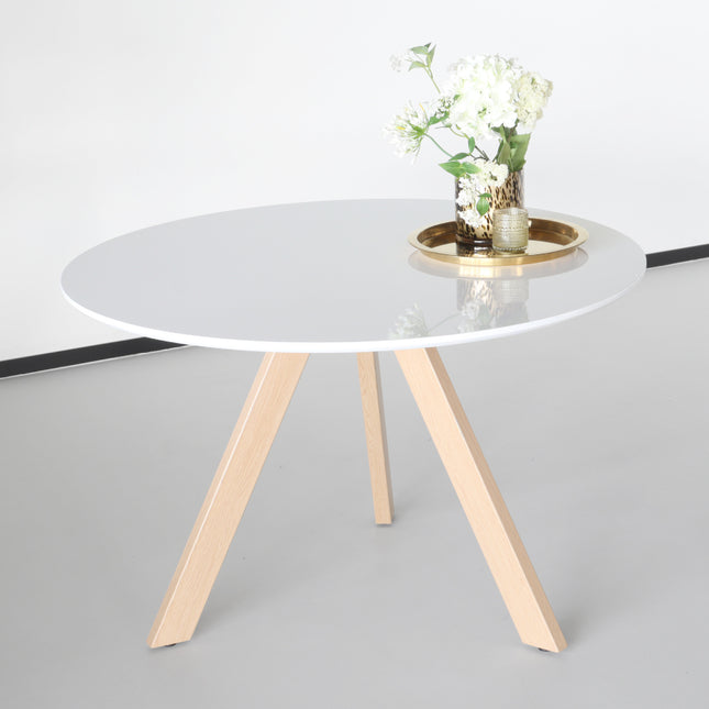 Eettafel rond Ronsi wit met beige poten 120cm ronde tafel