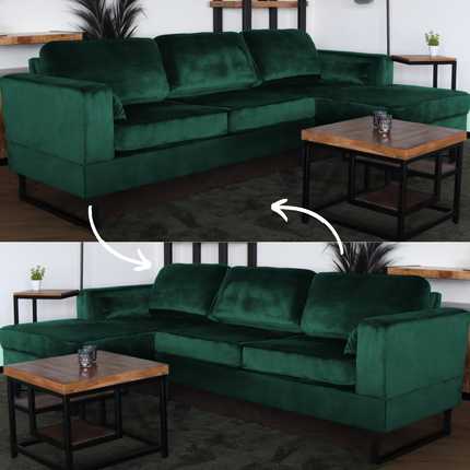 Hoekbank design Darsiono 280cm bank donkergroen velvet loungebank zowel links als rechts bankstel