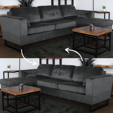 Hoekbank design Darsiono 280cm bank grijs velvet loungebank zowel links als rechts bankstel