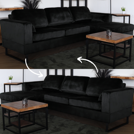 Hoekbank design Darsiono 280cm bank zwart velvet loungebank zowel links als rechts bankstel