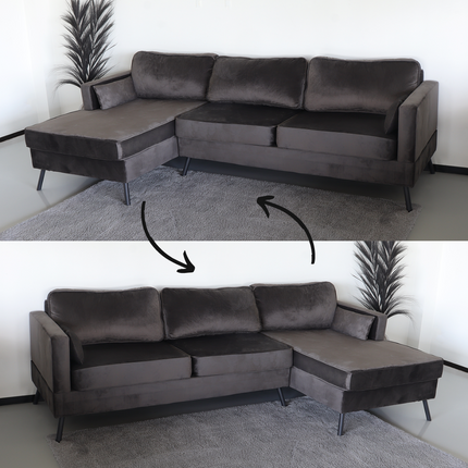 Hoekbank design Lizza 269cm bank donkergrijs velvet loungebank zowel links als rechts bankstel