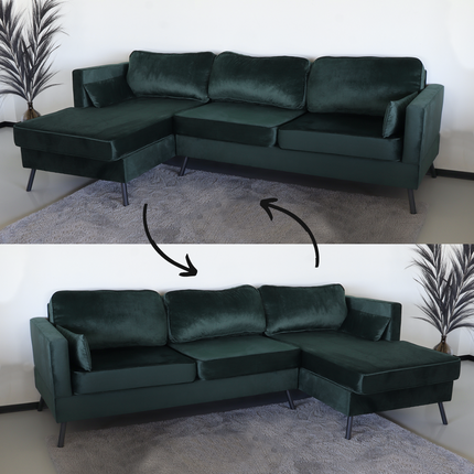 Hoekbank design Lizza 269cm bank donkergroen velvet loungebank zowel links als rechts bankstel