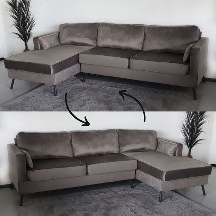 Hoekbank design Lizza 269cm bank grijs velvet loungebank zowel links als rechts bankstel