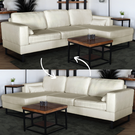 Hoekbank design Darsiono 280cm bank beige teddy loungebank zowel links als rechts bankstel