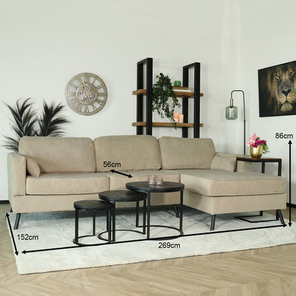 Hoekbank design Lizza 269cm bank taupe velvet loungebank zowel links als rechts bankstel