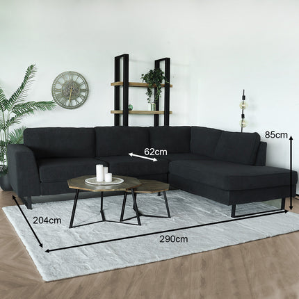 Hoekbank design Puckerto 290cm bank antraciet ribstof hoek loungebank rechts bankstel