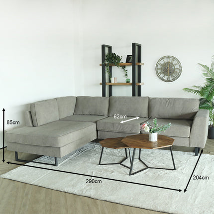 Hoekbank design Puckerto 290cm bank taupe ribstof hoek loungebank links bankstel