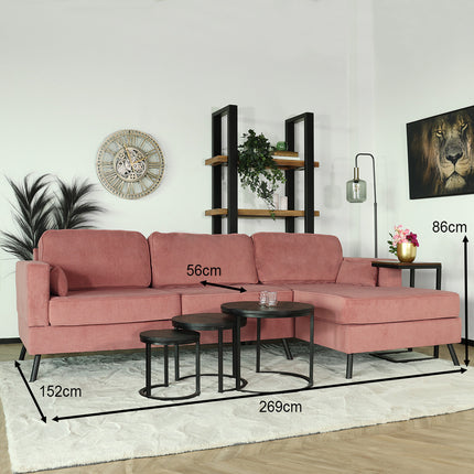 Hoekbank design Lizza 269cm bank roze velvet loungebank zowel links als rechts bankstel