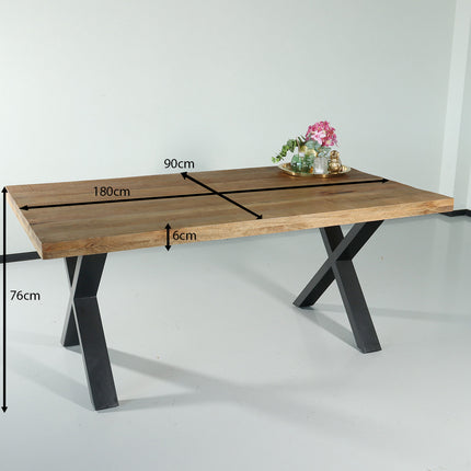 Eettafel rechthoekig mangohout Xavier lichtbruin 180cm duurzaam tafel met X-poot mango rechthoekige eetkamertafel hout