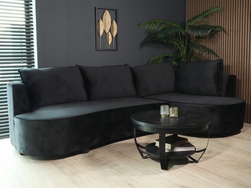 Hoekbank rond Lando 270cm bank met ronding zwart velvet bankstel rechts loungebank