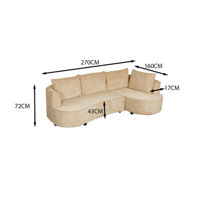 Hoekbank rond Lando 270cm bank met ronding beige chenille bankstel rechts loungebank