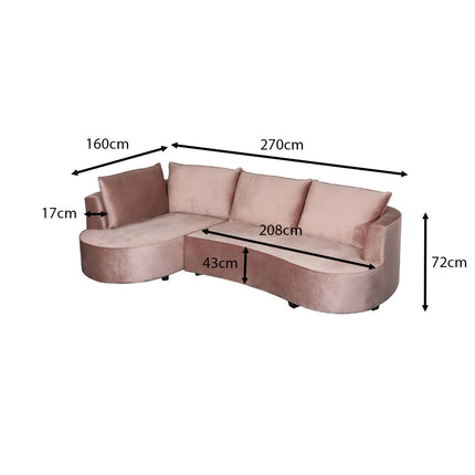 Hoekbank rond Lando 270cm bank met ronding taupe velvet bankstel links loungebank