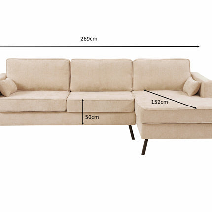 Hoekbank design Lizza 270cm bank beige chenille loungebank zowel links als rechts bankstel