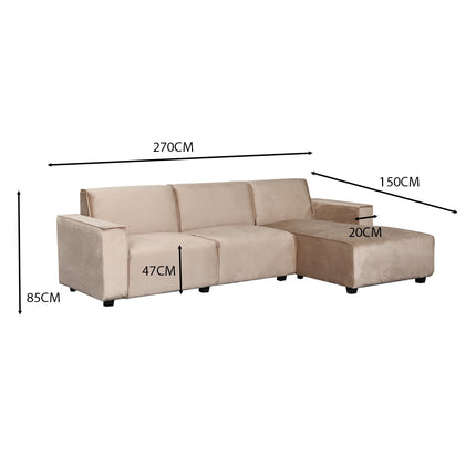 Hoekbank design Riley 270cm bank champagne velvet loungebank rechts