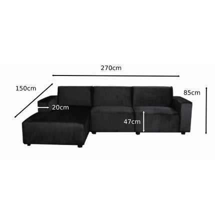 Hoekbank design Riley 270cm bank zwart velvet loungebank links