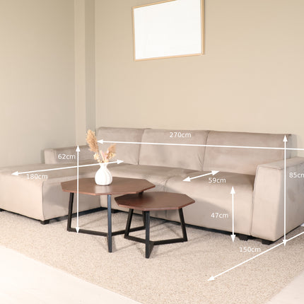 Hoekbank Riley champagne velvet 270cm links