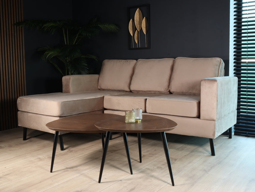 Hoekbank design Venna 200cm bank champagne velvet loungebank zowel links als rechts bankstel