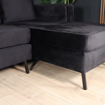 Hoekbank design Venna 200cm bank zwart velvet loungebank zowel links als rechts bankstel