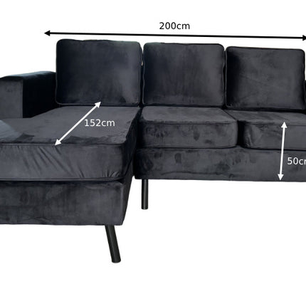 Hoekbank design Venna 200cm bank zwart velvet loungebank zowel links als rechts bankstel