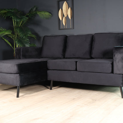 Hoekbank design Venna 200cm bank zwart velvet loungebank zowel links als rechts bankstel