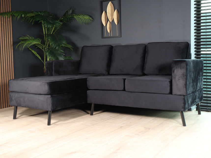 Hoekbank design Venna 200cm bank zwart velvet loungebank zowel links als rechts bankstel