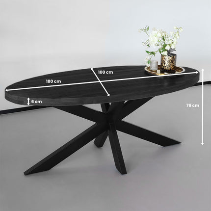 Tweedekans model: Eettafel ovaal mangohout 180cm James zwart ovale industriële tafel duurzaam mango eetkamertafel