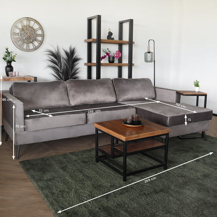 Hoekbank design Lizza 269cm bank grijs velvet loungebank zowel links als rechts bankstel