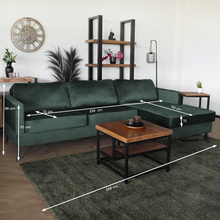 Hoekbank design Lizza 269cm bank donkergroen velvet loungebank zowel links als rechts bankstel