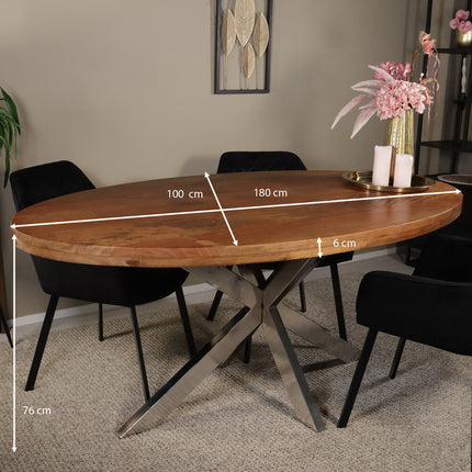 Eettafel Lucas ovaal 180cm bruin met zilver mangohout