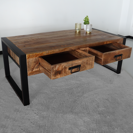 Salontafel industrieel mangohout Kai 120cm side table met 2 lades duurzaam massief hout mango bijzettafel