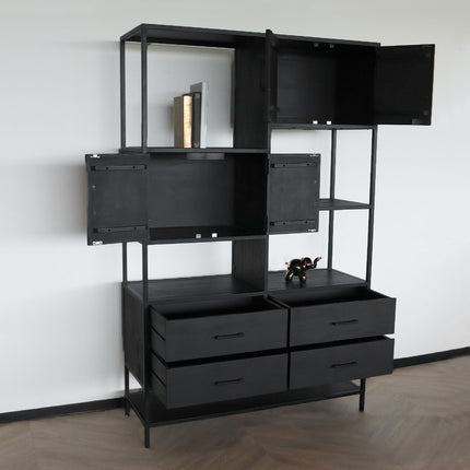 Kast industrieel mangohout Ivy zwart mango hout visgraat wandkast 190cm vakkenkast mango duurzaam