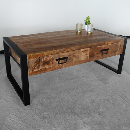 Salontafel industrieel mangohout Kai 120cm side table met 2 lades duurzaam massief hout mango bijzettafel