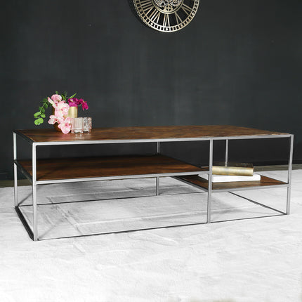 Salontafel industrieel mangohout Sofia 140cm bruin visgraat side table massief hout mango bijzettafel