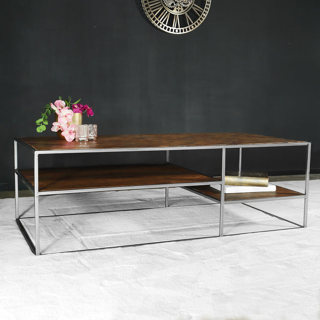 Salontafel industrieel mangohout Sofia 140cm bruin visgraat side table massief hout mango bijzettafel