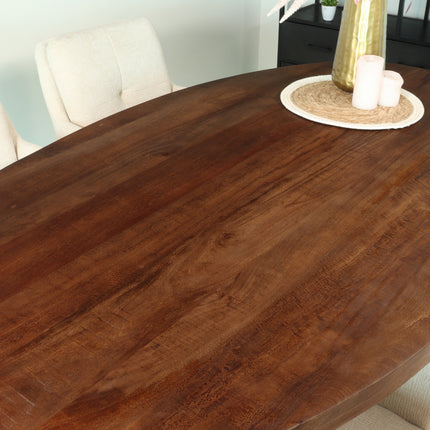 Eettafel ovaal mangohout 180cm James walnoot bruin ovale industriële tafel duurzaam mango eetkamertafel