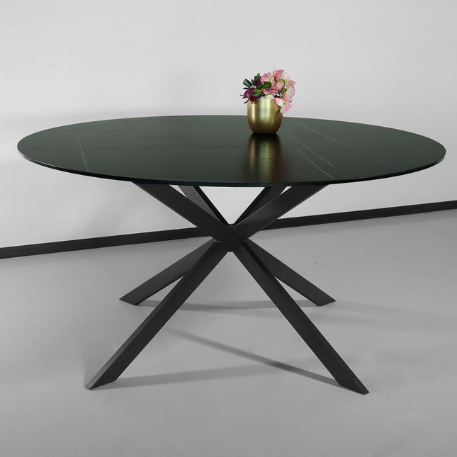 Eettafel rond 150cm Jenna marmerlook zwart ronde tafel