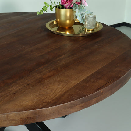 Eettafel rond mangohout 150cm Jones bruin ronde industriële tafel duurzaam mango eetkamertafel