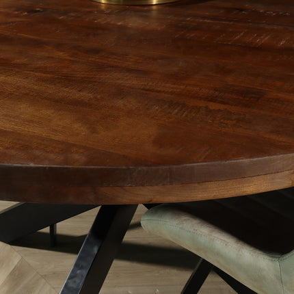 Eettafel rond mangohout 150cm Jones bruin ronde industriële tafel duurzaam mango eetkamertafel