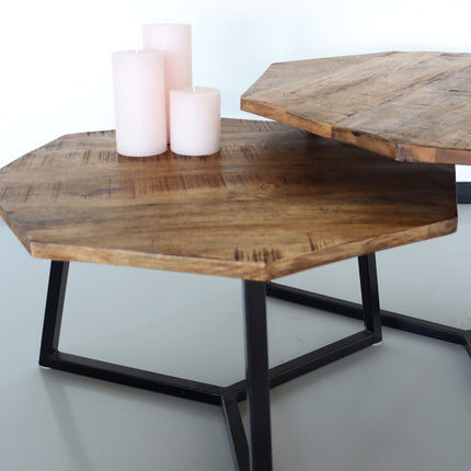 Salontafel octagon 2delig mangohout Loes side table industrieel bijzettafel massief hout mango duurzaam