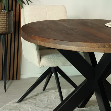 Eettafel rond mangohout 120cm Jones walnoot bruin ronde industriële tafel duurzaam mango eetkamertafel