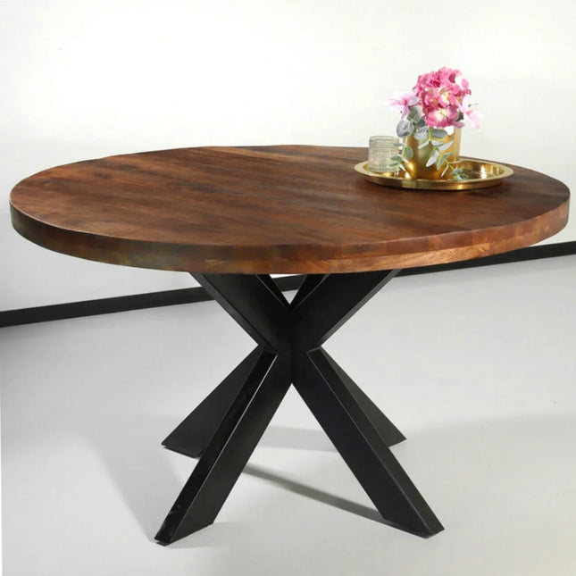 Eettafel rond mangohout 130cm Jones bruin ronde industriële tafel duurzaam mango eetkamertafel