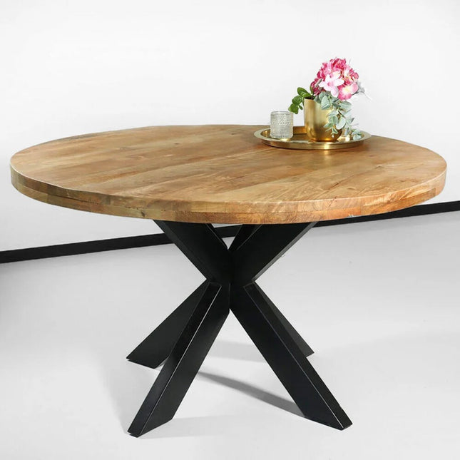 Eettafel rond mangohout 130cm Jones lichtbruin ronde industriële tafel duurzaam mango eetkamertafel